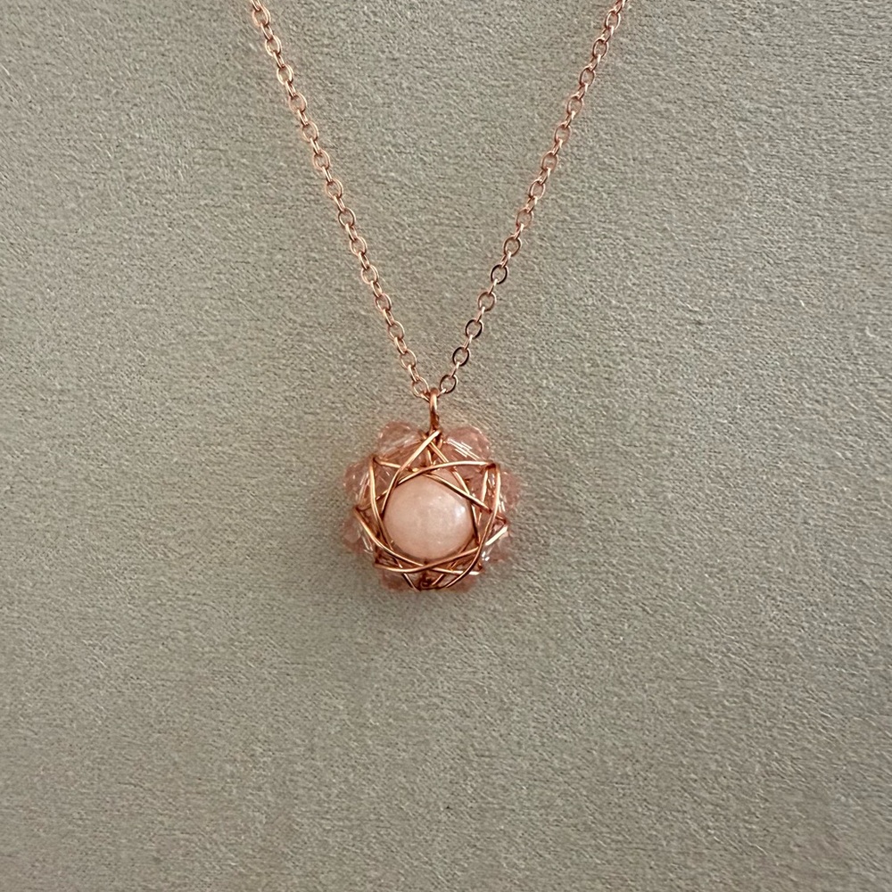 Wire-Wrapped Rose Quartz And Pink Swarovski Crystals Pendant Necklace